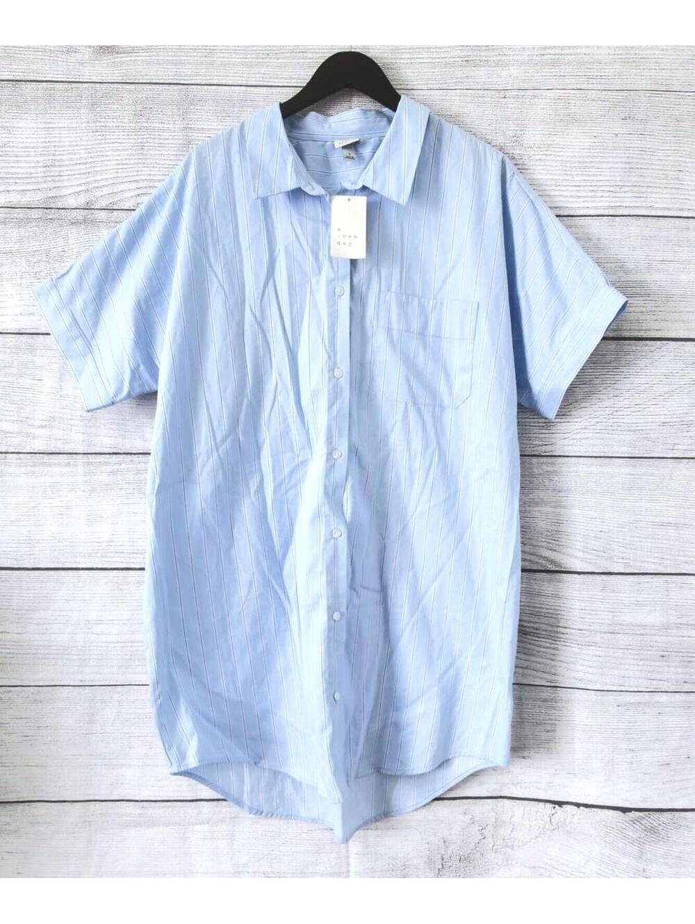 A New Day Blue Stripe Button Up Shirt Dress Women Size Large